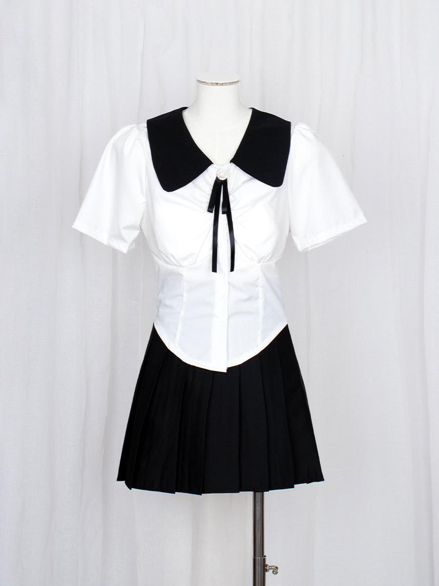 Black and White Lapel Pockets Shirt Crop Top with Pearl Ribbon Accessory