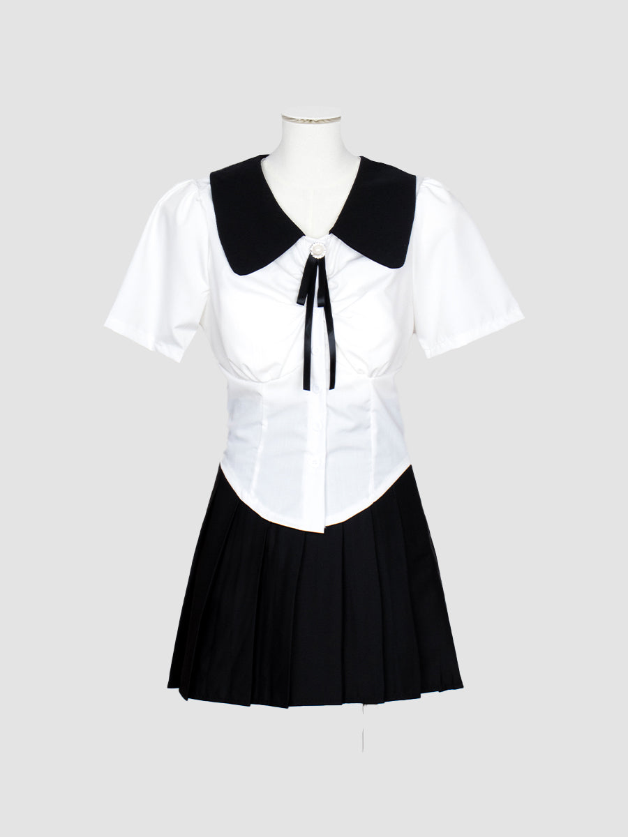 Black and White Lapel Pockets Shirt Crop Top with Pearl Ribbon Accessory