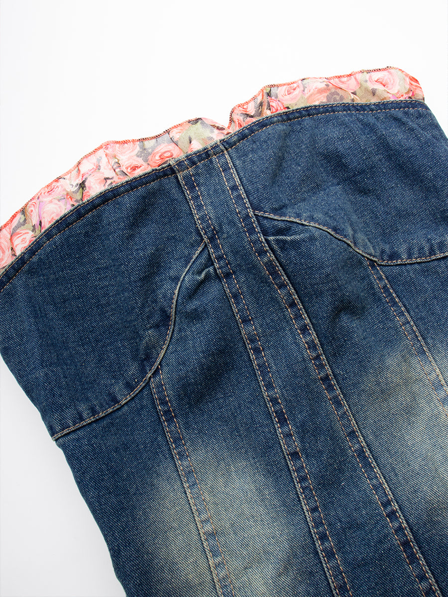 Rose Floral Patchwork Denim Irregular Dress with Floral Choker Necklace