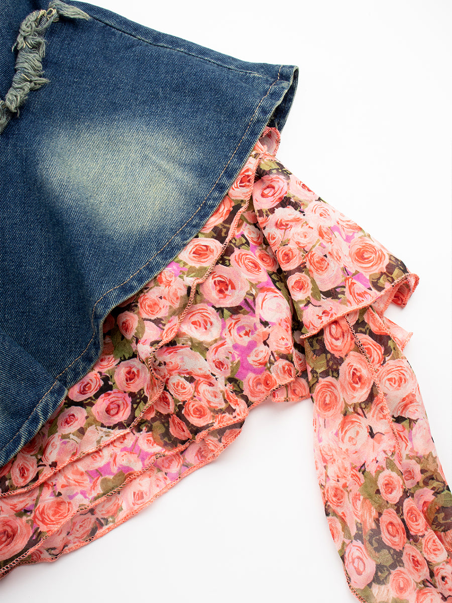 Rose Floral Patchwork Denim Irregular Dress with Floral Choker Necklace