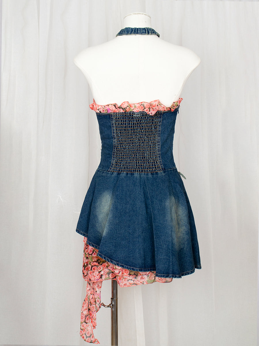 Rose Floral Patchwork Denim Irregular Dress with Floral Choker Necklace