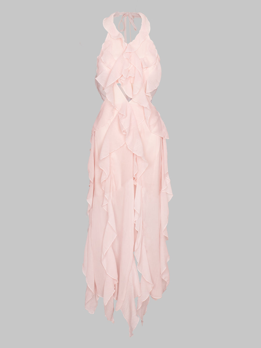 Solid Color Pink Ruffle Flutter Irregular Long Dress