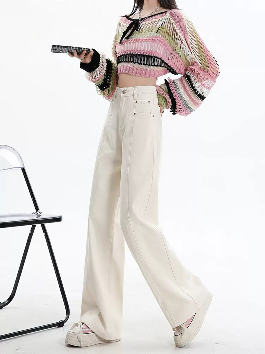 Solid Color Straight Leg Loose White Jeans