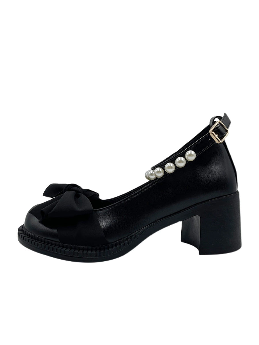 Bow Tie Round Toe Pearls Strap Mary Jane Heels Shoes
