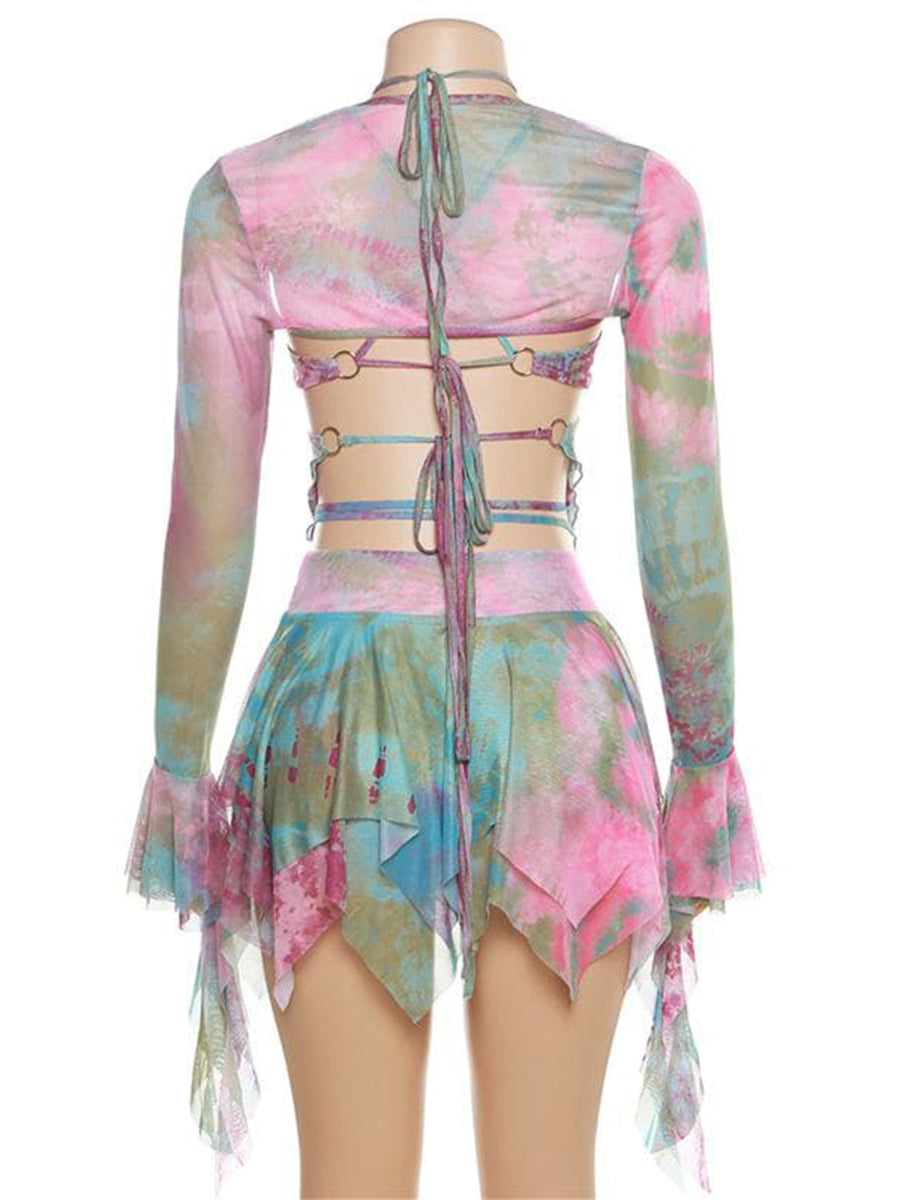 Flared Sleeve Tie Dye O Ring Self Tie Halter Low Cut Mini Skirt Set