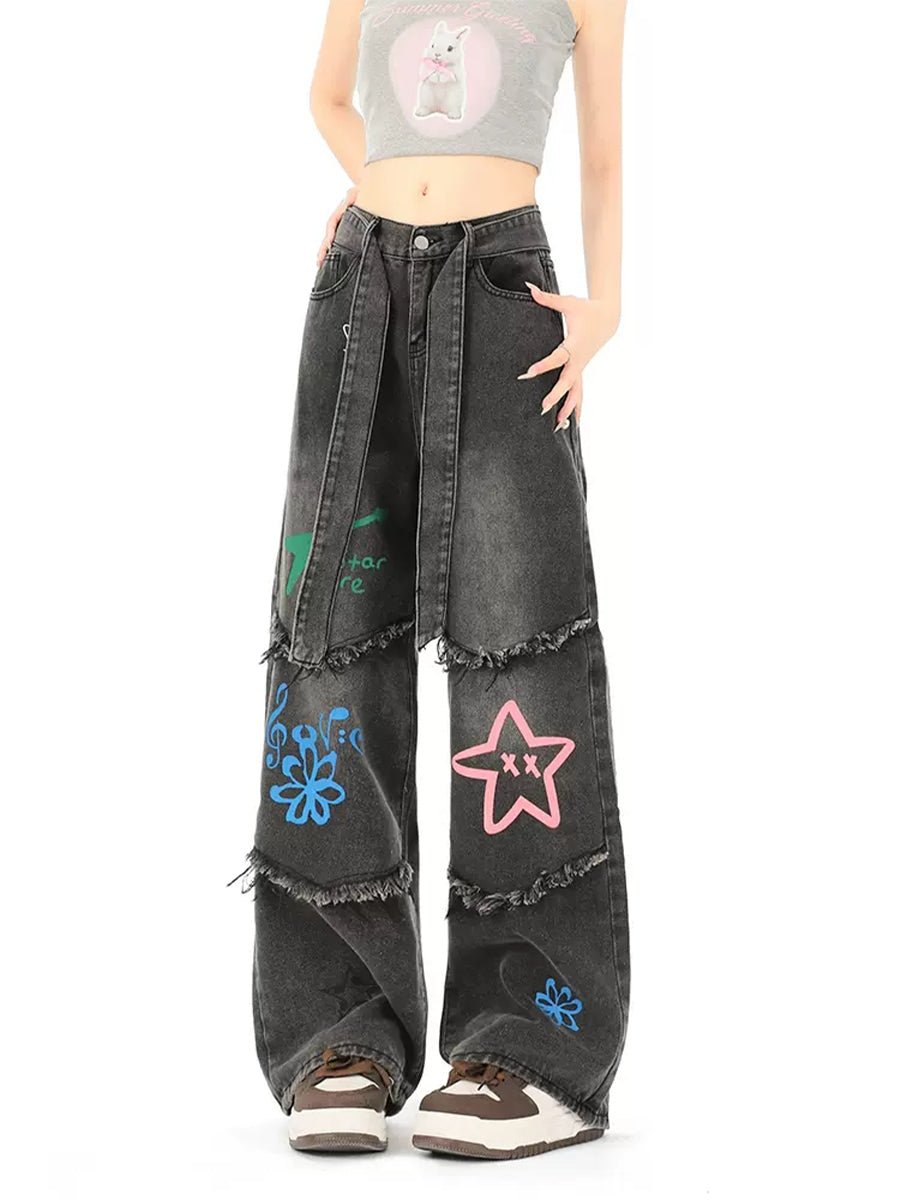 Pentagram Butterfly Print Denim Loose Pants