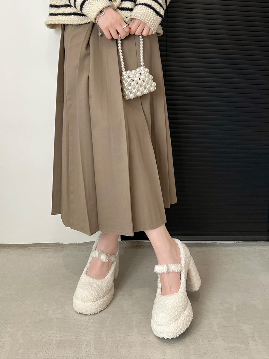 Fluffy Ankle Strap Chunky Heels Mary Jane Shoes
