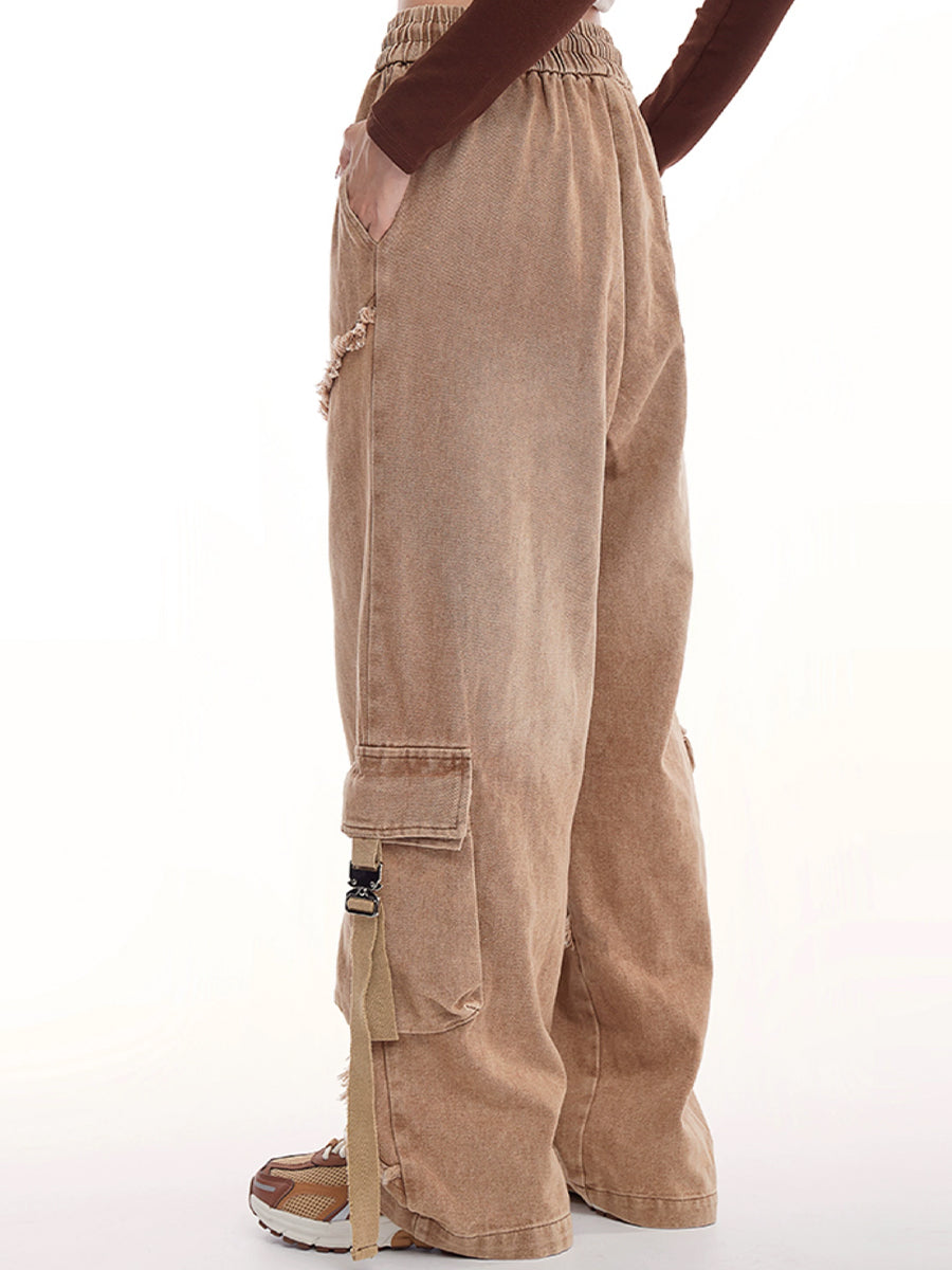 Drawstring Waist Denim Solid Color Star Worn Loose Jeans