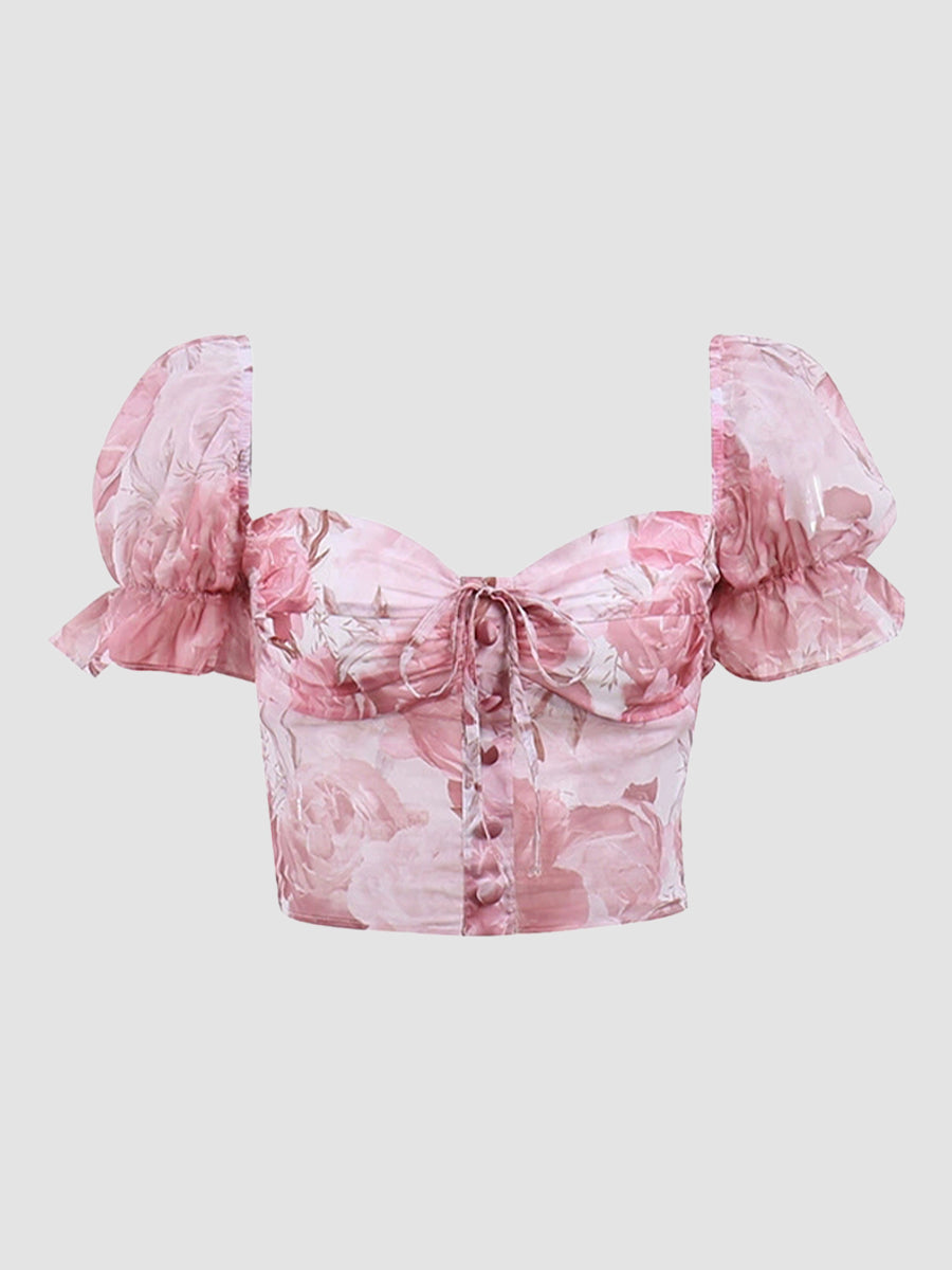 Elegant Floral Bubble Sleeve Top