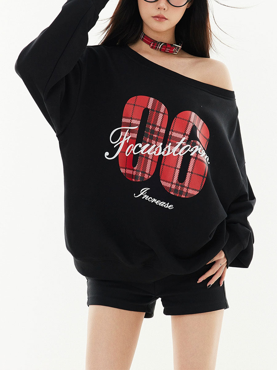 Vintage Slant Shoulder Large Neckline Sweatshirt Letter Loose Sporty Top