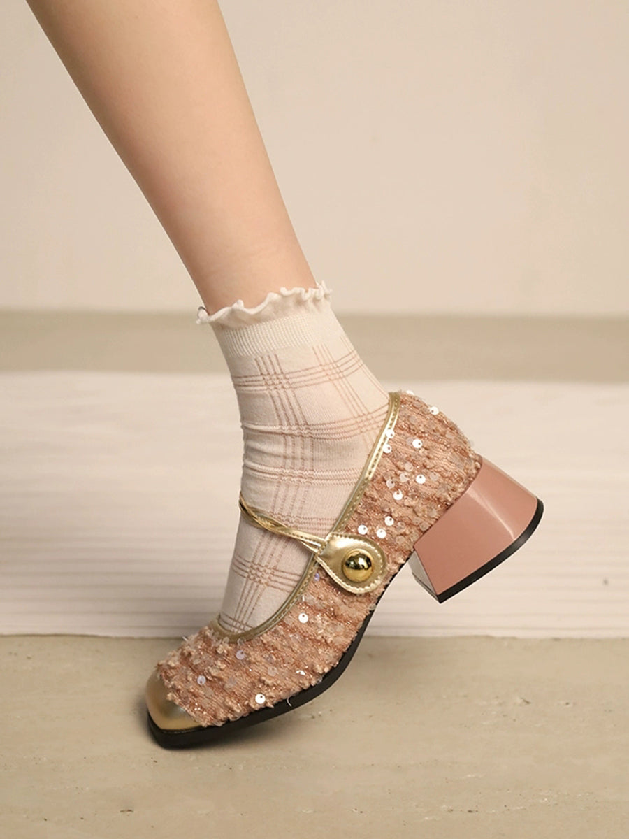 Square Toe Sequin Heeled Costume Shoes