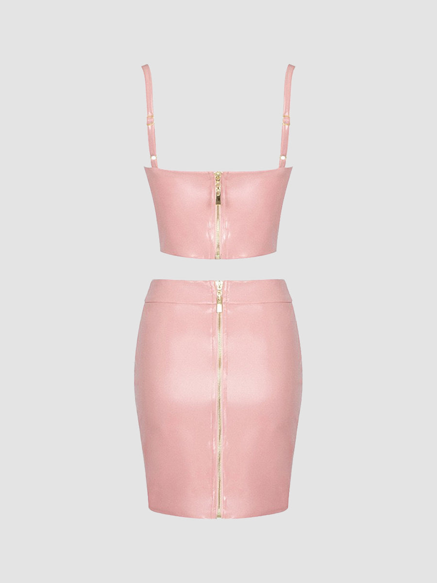 Pink Leather Cami Top + Tight Skirt Set