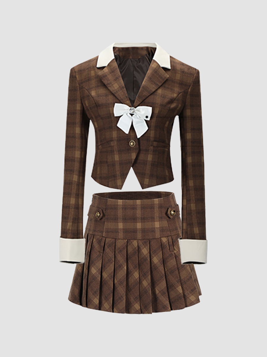 Brown Plaid Jacket Top with Bow and Plaid Pleated Skirt Set