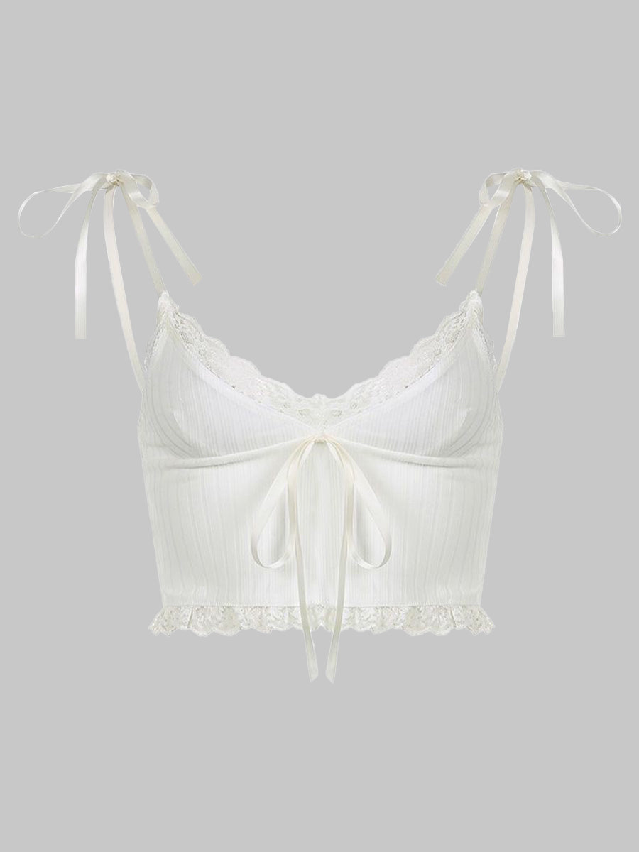 Lace Patchwork Bow Tie Crop Top
