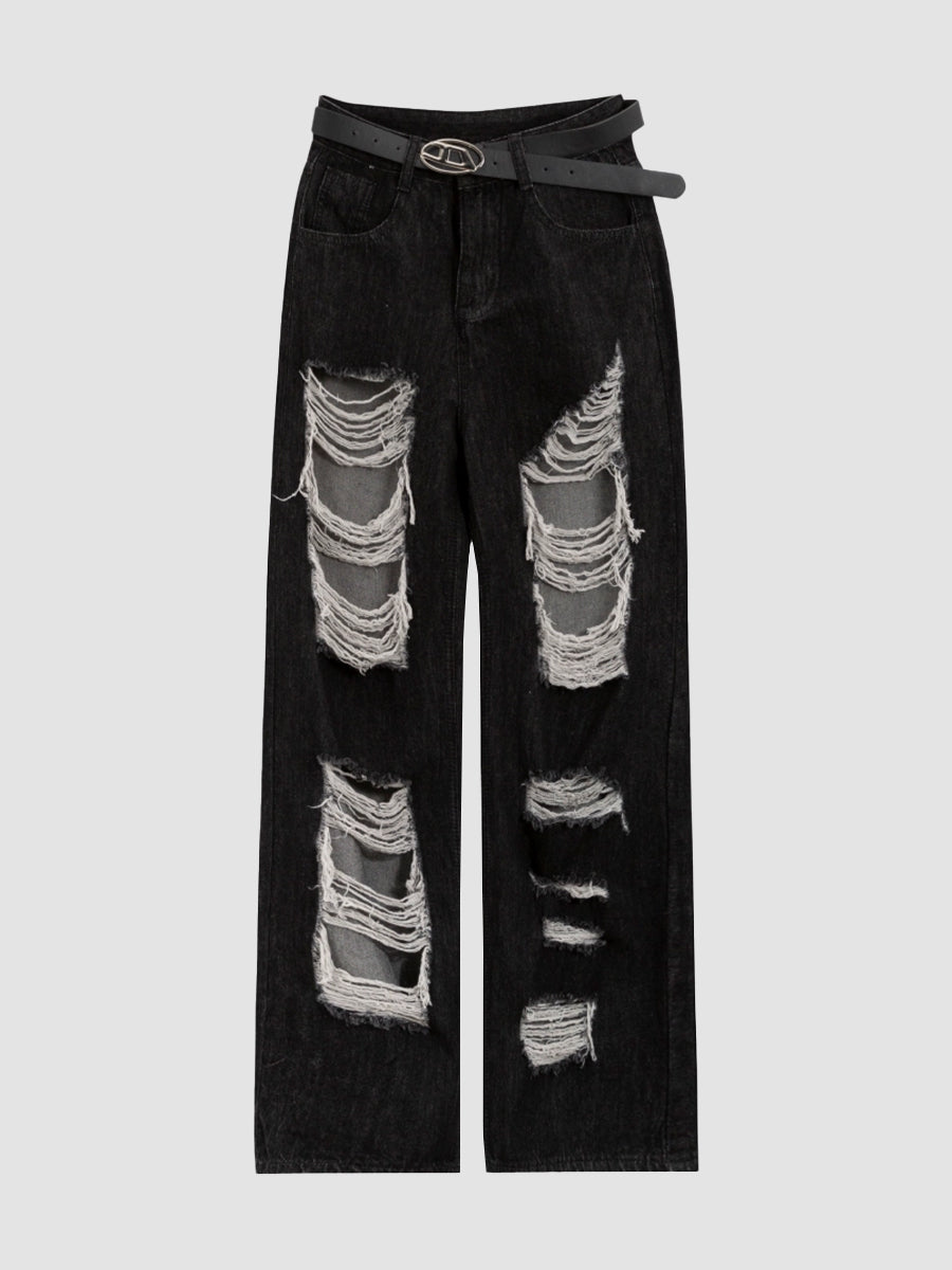Black Ripped Straight Leg Casual Denim Jeans