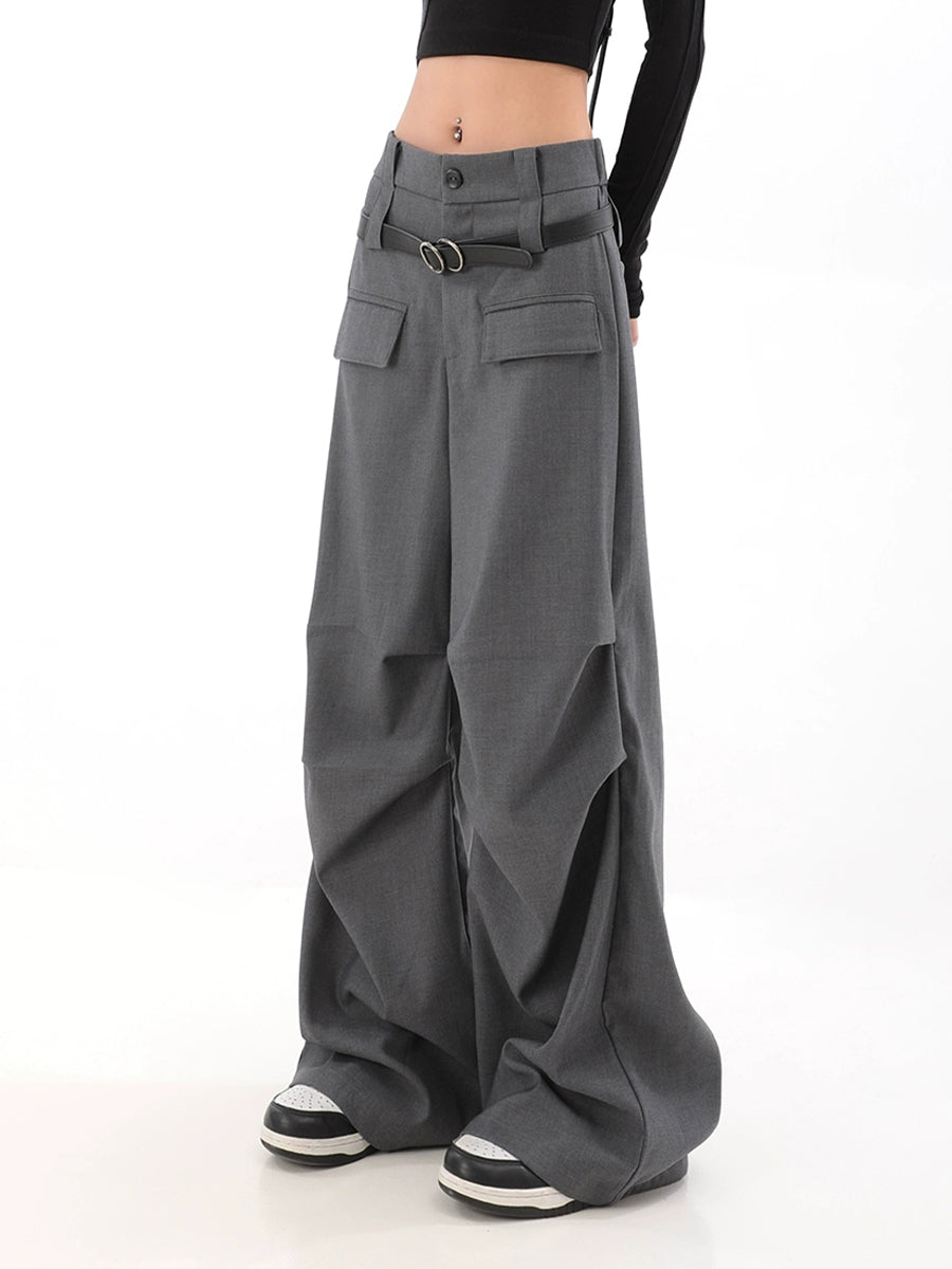 Solid Color Pleated Contour Suit Pants with Belt