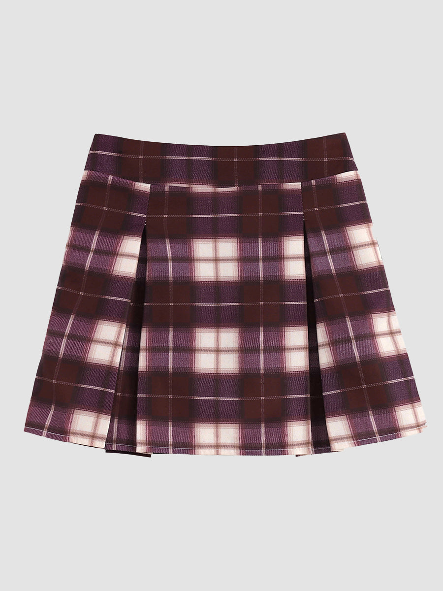 Fake Two Piece Shirt Top + Plaid Skirt with Tie Set