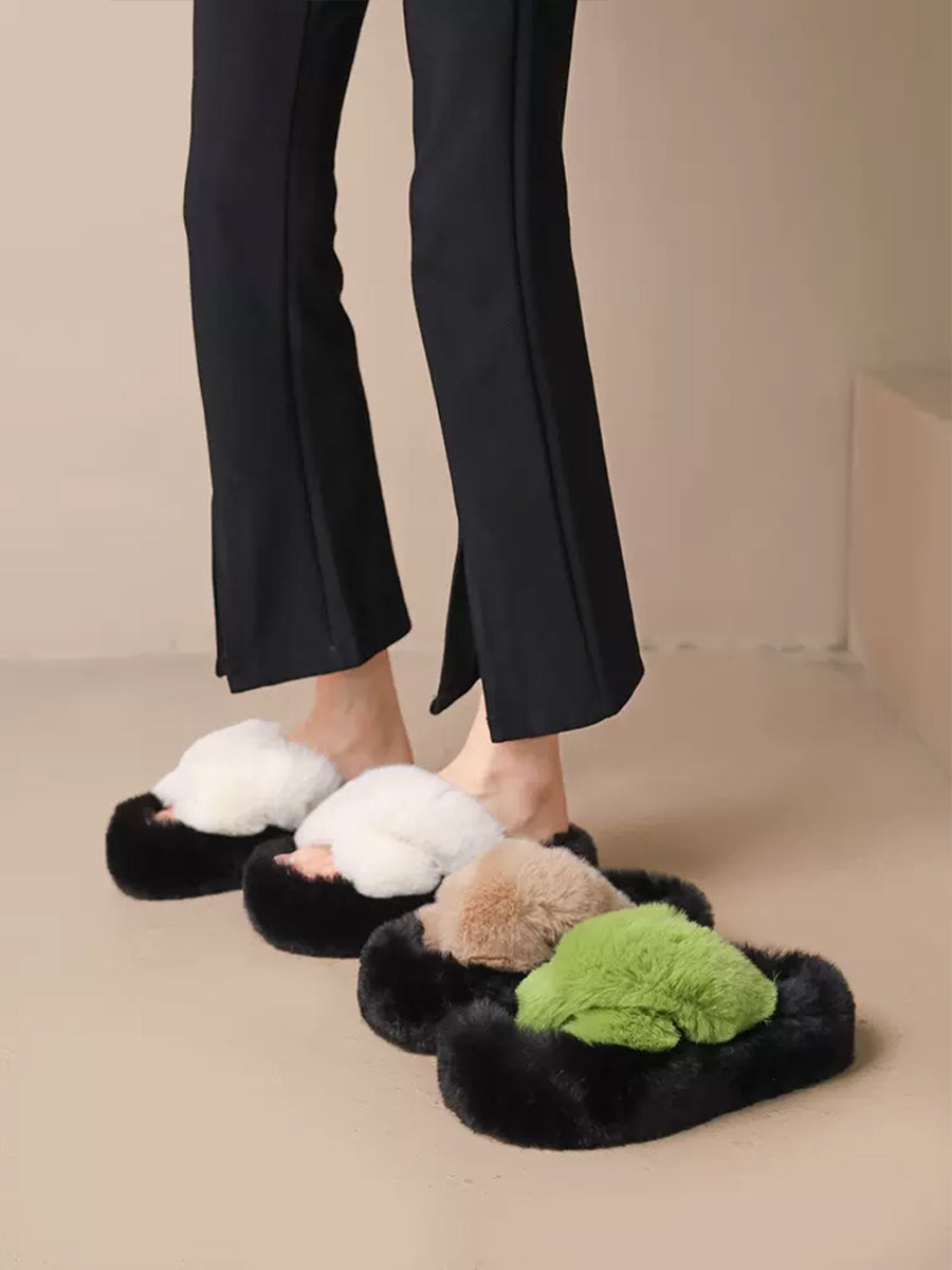 Criss Cross Straps Casual Indoors Slippers Fluffy Faux Fuzzy Fur Slides
