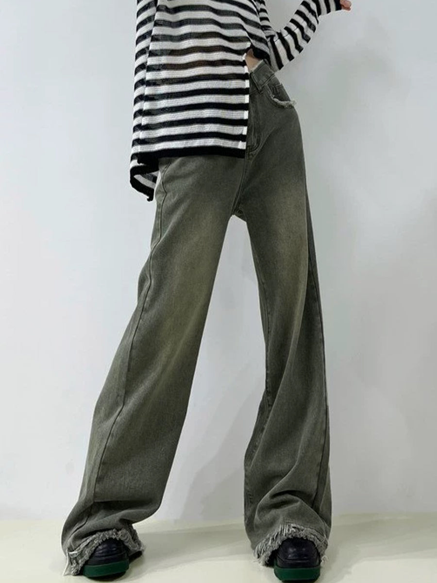 Solid Color Single Button High Waist Loose Jeans