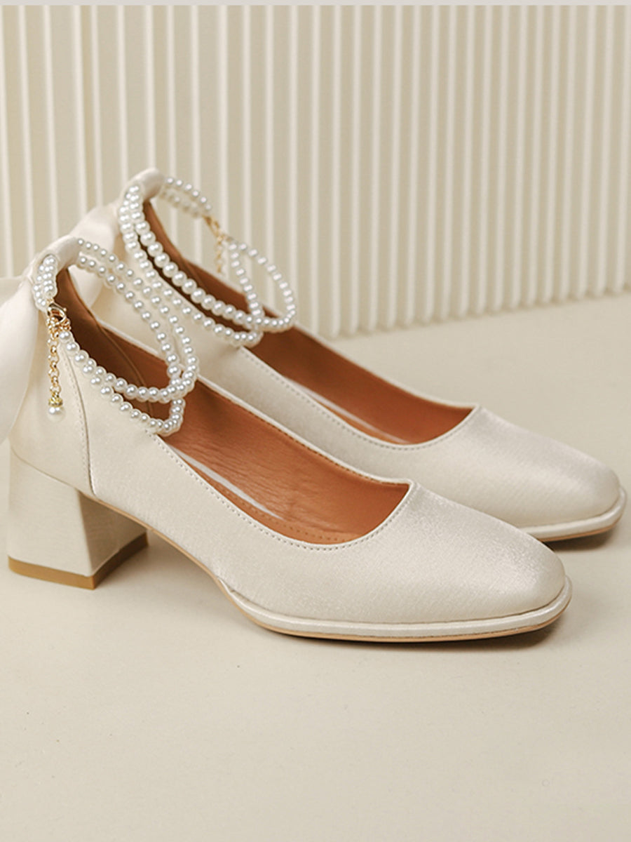 Women's Pointed Toe Chunky Heel Pumps With Pearls & Bowknots Beaded Decoration