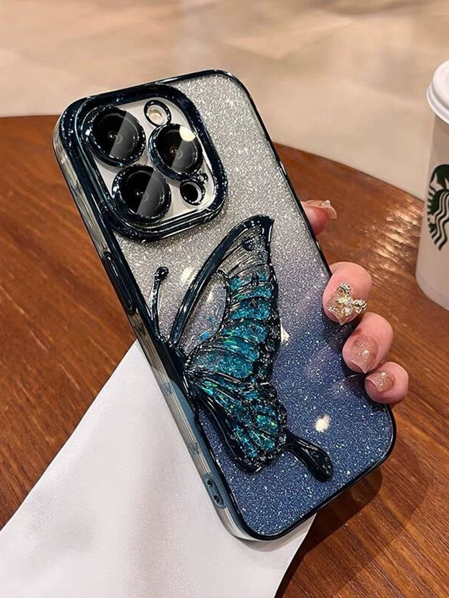 Skeletonized 3D Plating Colorful Butterfly Couple Phone Case