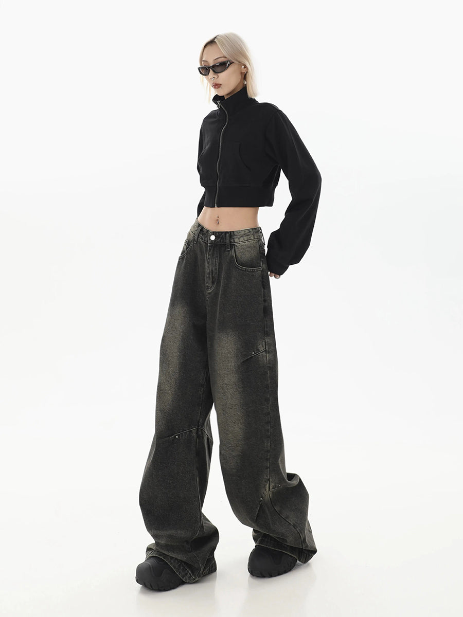Black Denim Straight Leg Loose Jeans