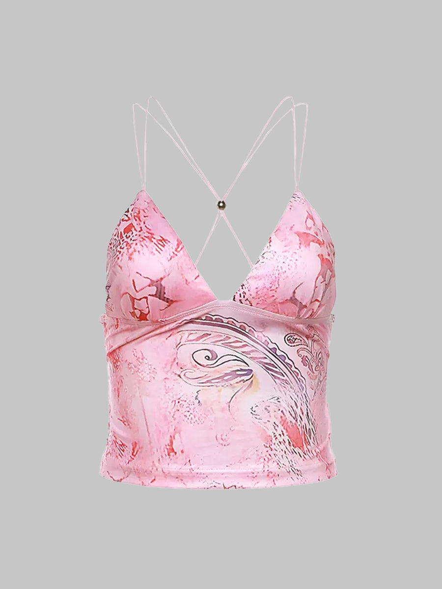 Vintage Printed V-Neck Butterfly Cami Top