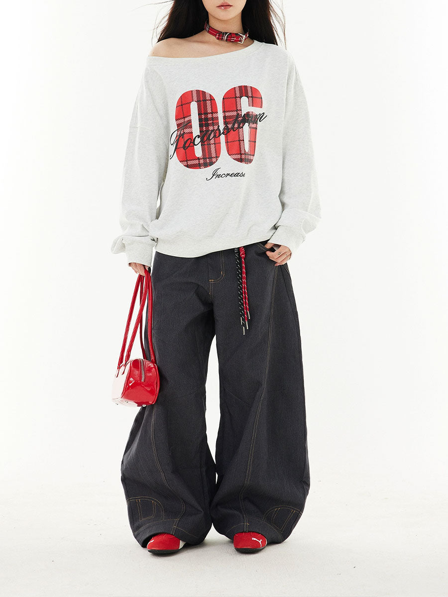 Vintage Slant Shoulder Large Neckline Sweatshirt Letter Loose Sporty Top
