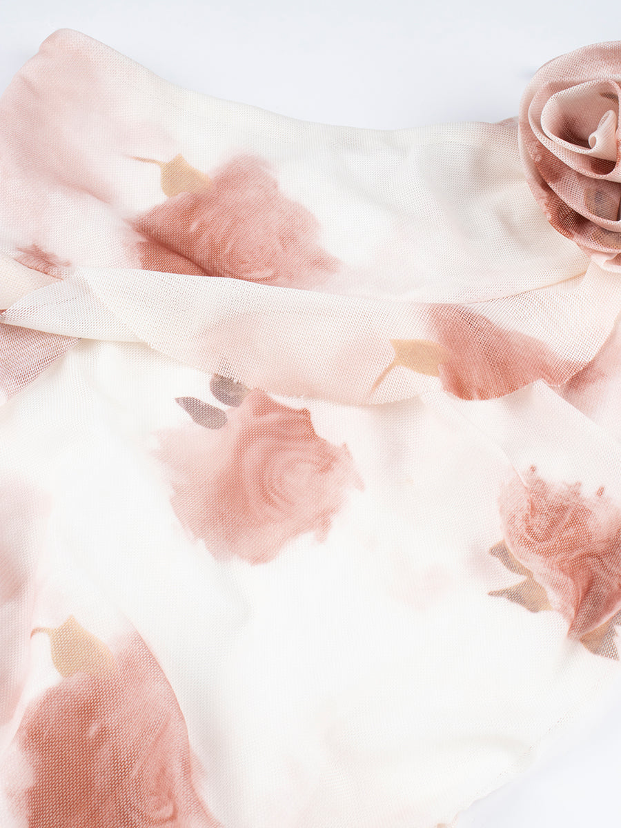One Shoulder High Low Hem Flower Print Dress