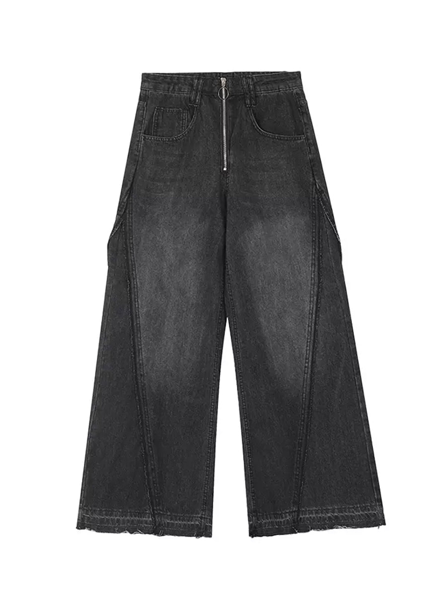 Solid Color Loose Raw Hemmed Long Jeans