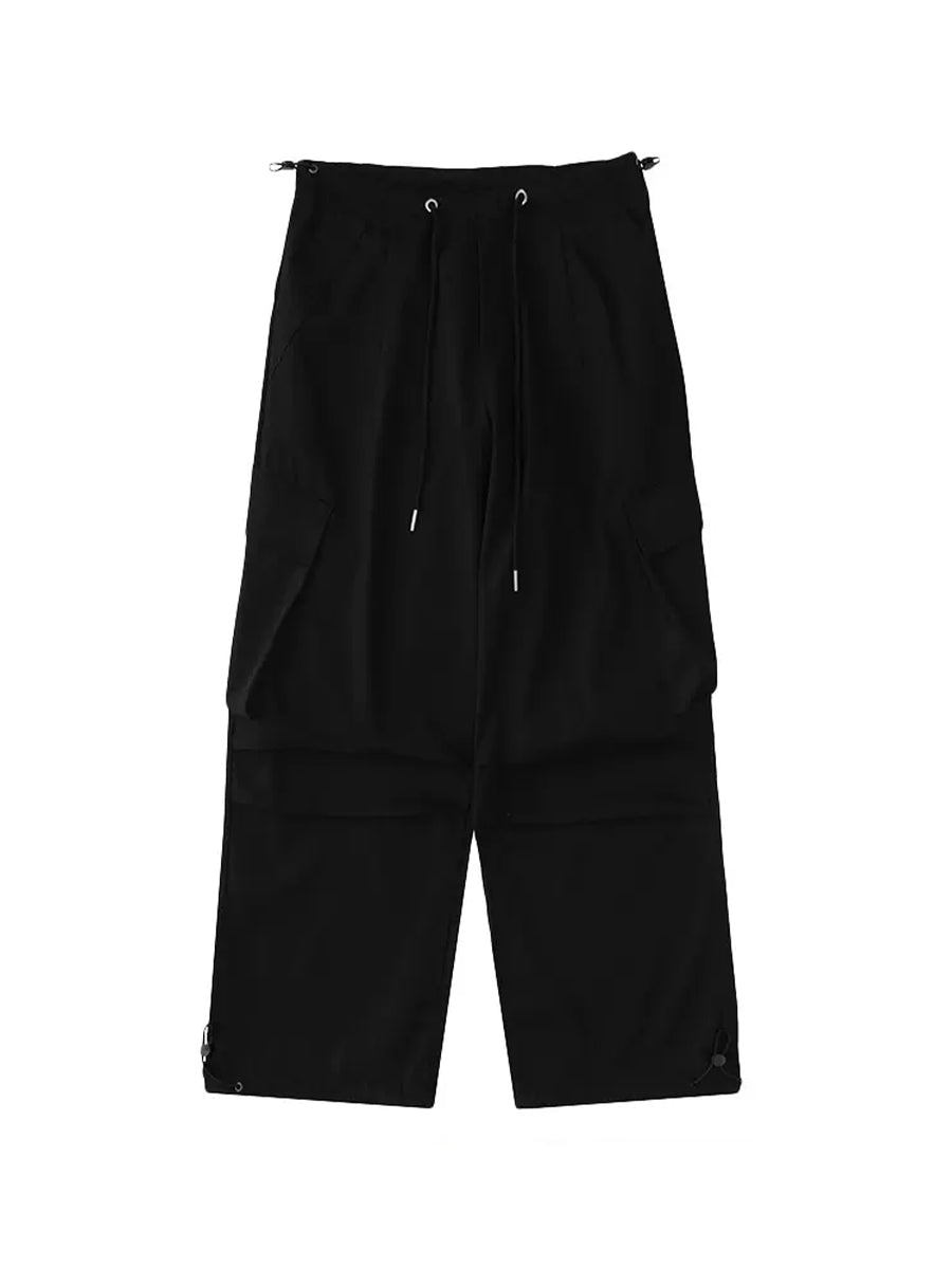 Solid Color Wide-Leg Cargo Drawstring Casual Pants