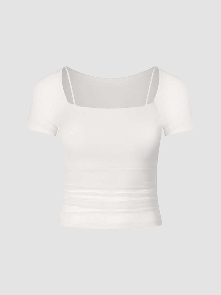 Solid Slim Fit Fake Two Piece Mesh Short Sleeves Gym Top with Chest Pads