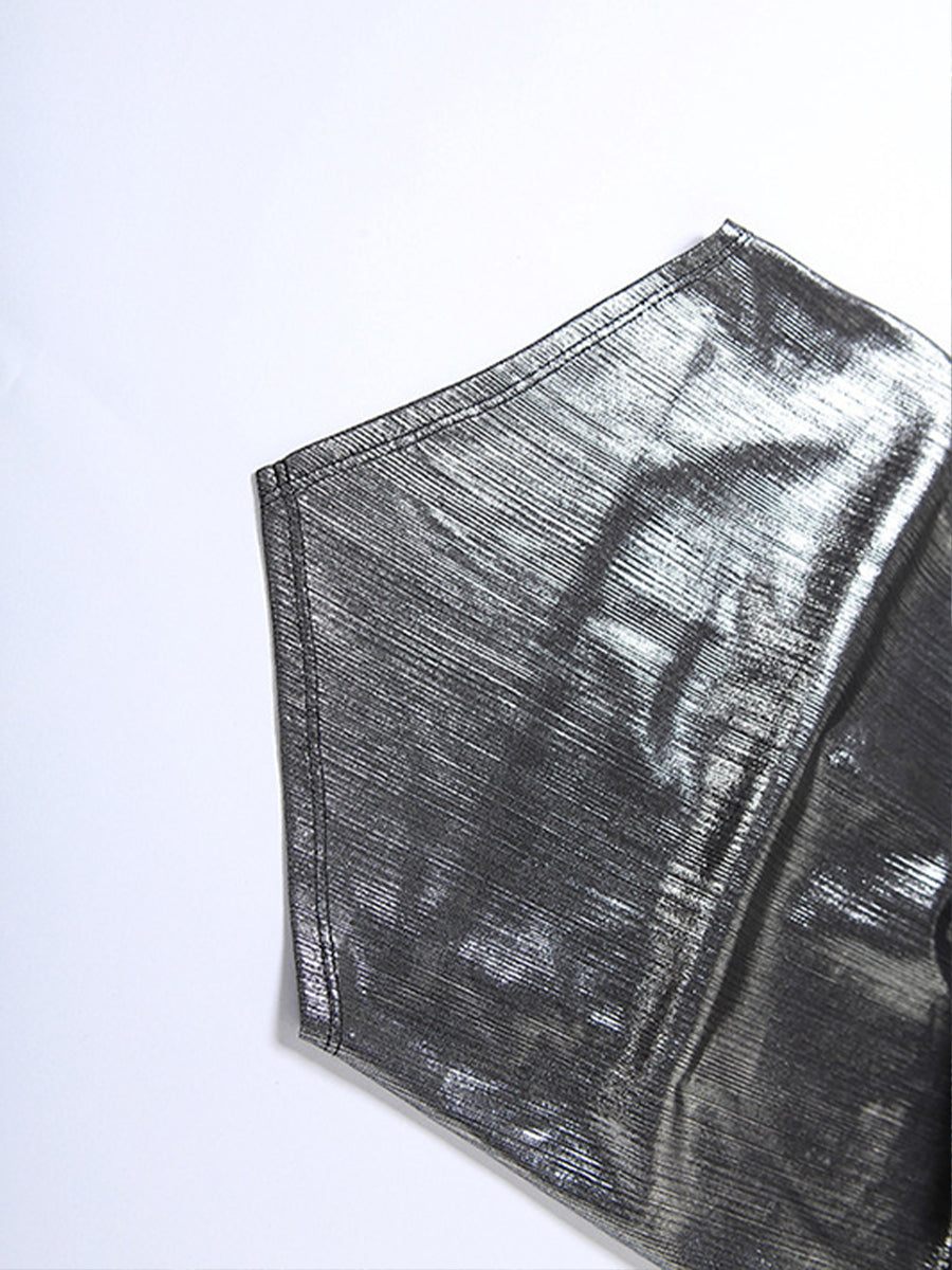 Pink Grey Shiny Leather Buckle Halter Top