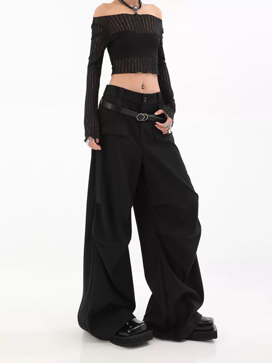 Solid Color Pleated Contour Suit Pants with Belt