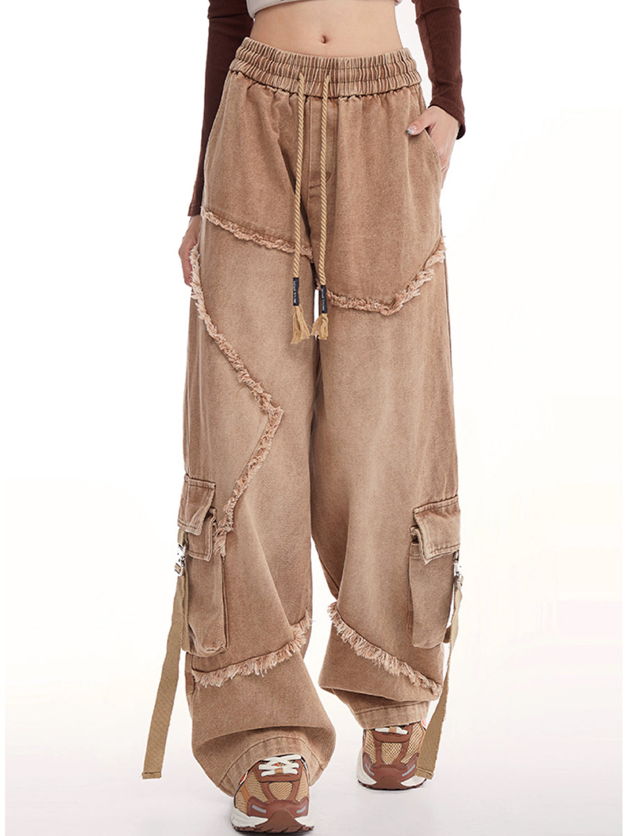 Drawstring Waist Denim Solid Color Star Worn Loose Jeans
