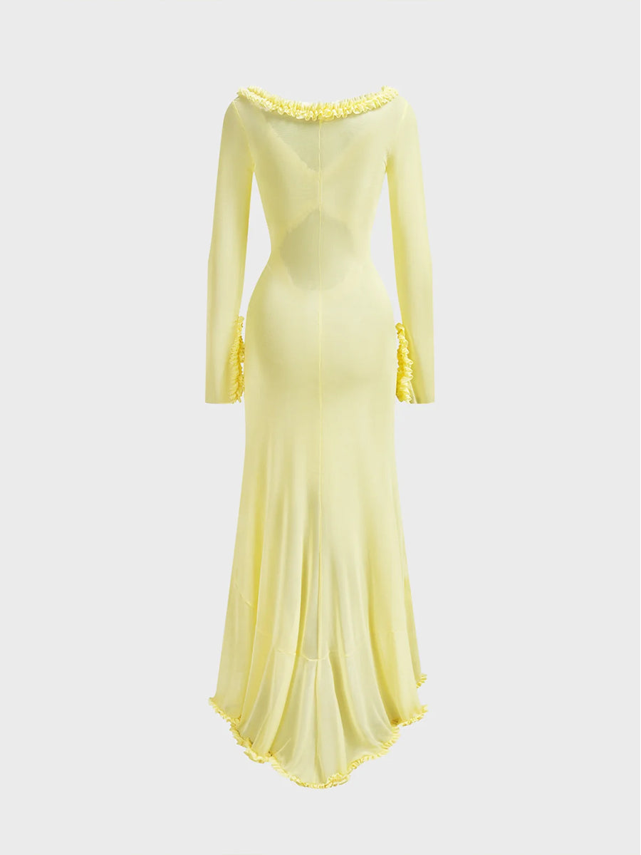 Solid Colored Knitted Hollow Out Long Chiffon Pleated Ruffle Hem Bodycon Dress