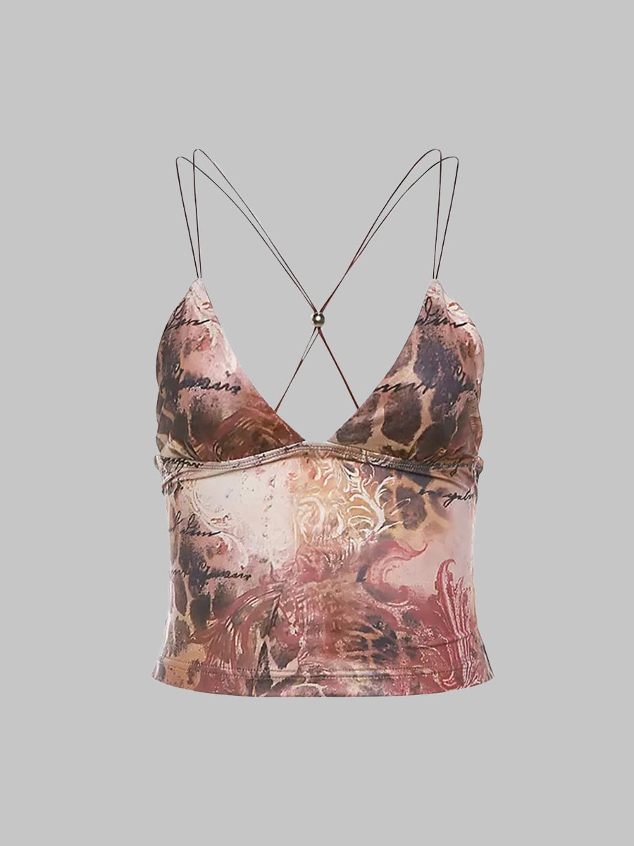 Vintage Printed V-Neck Butterfly Cami Top