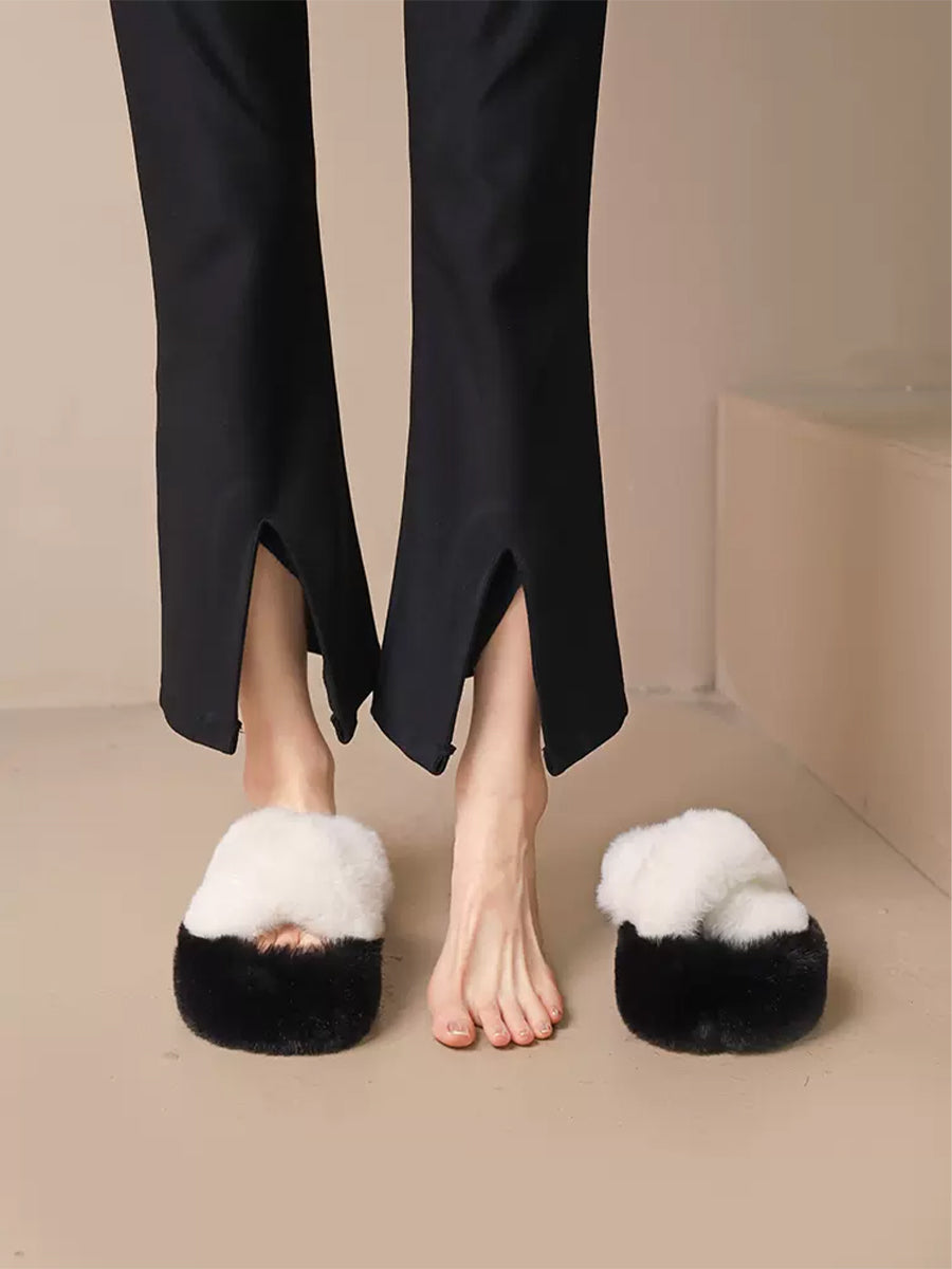 Criss Cross Straps Casual Indoors Slippers Fluffy Faux Fuzzy Fur Slides
