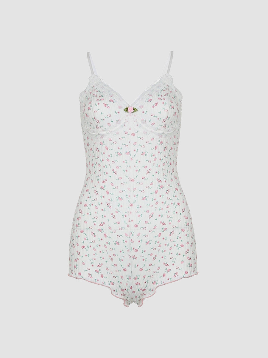Lace Floral Print Halter/Long Sleeve Bodysuit