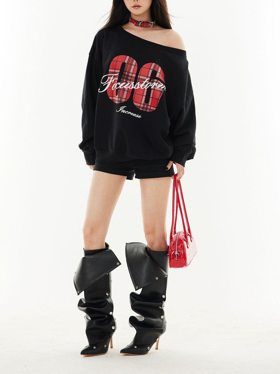 Vintage Slant Shoulder Large Neckline Sweatshirt Letter Loose Sporty Top