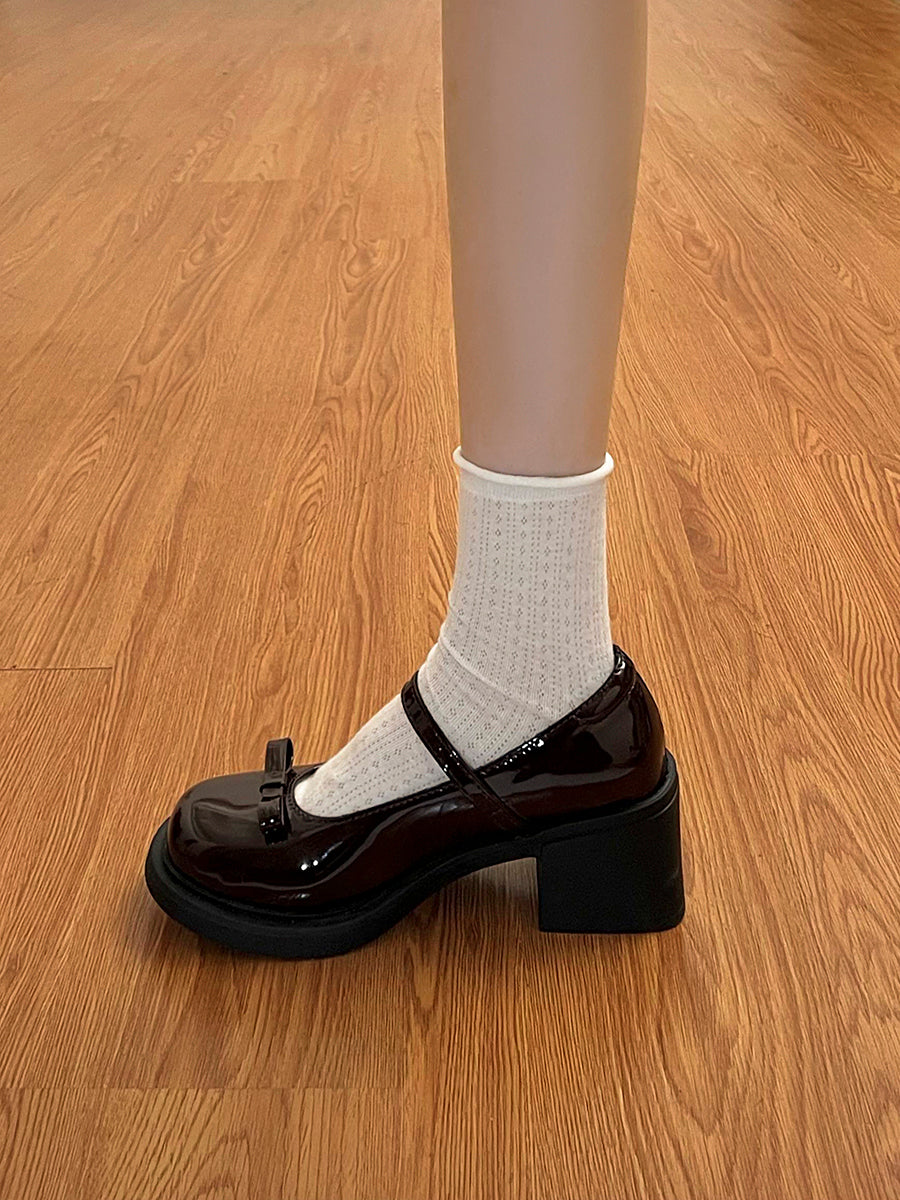 Bow Tie Round Toe Mary Jane Heels Shoes(No Socks)