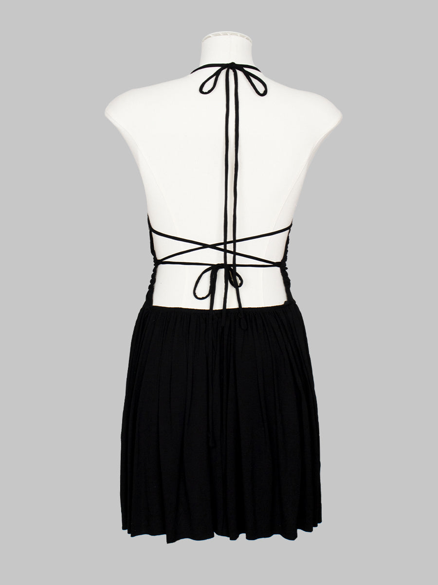 Solid Color Ruffle Flutter Backless Halter Dress