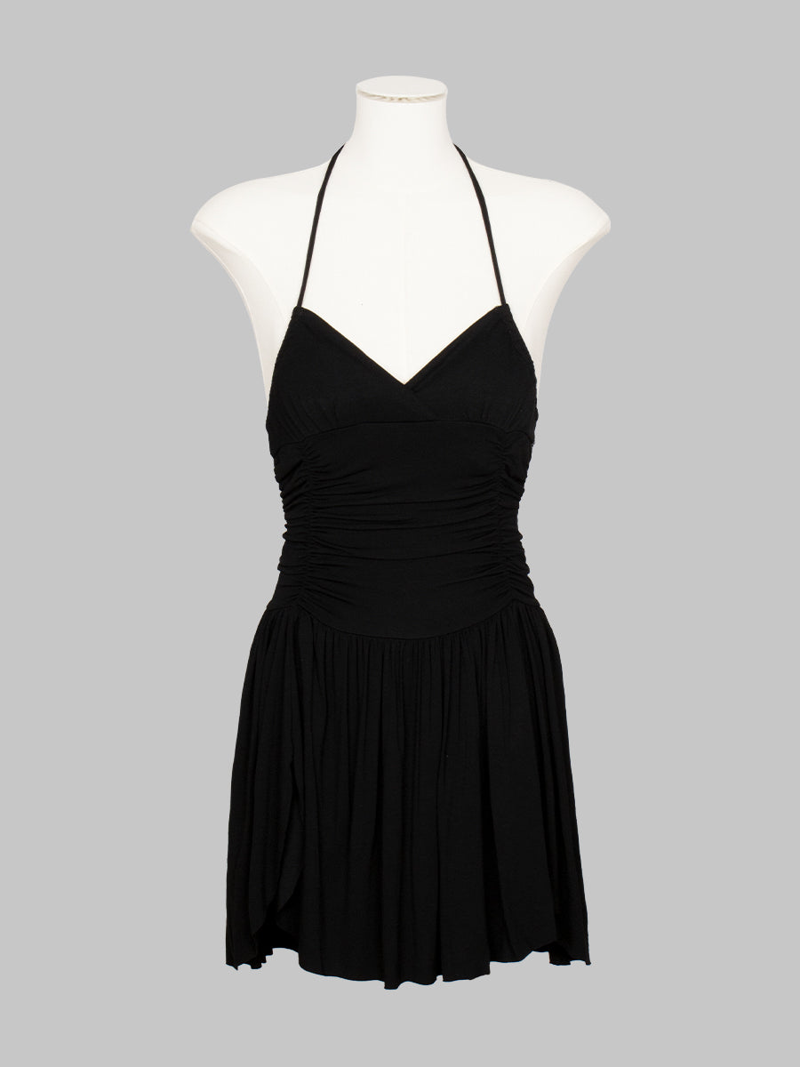 Solid Color Ruffle Flutter Backless Halter Dress