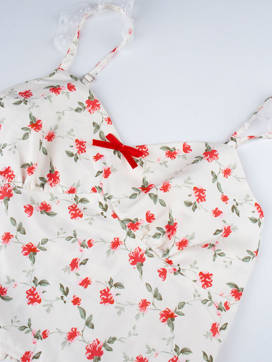 Floral Print Adjustable Lace Straps Cami Top
