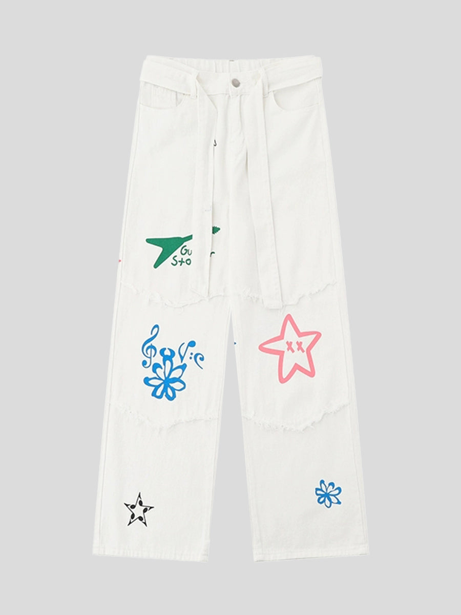 Pentagram Butterfly Print Denim Loose Pants
