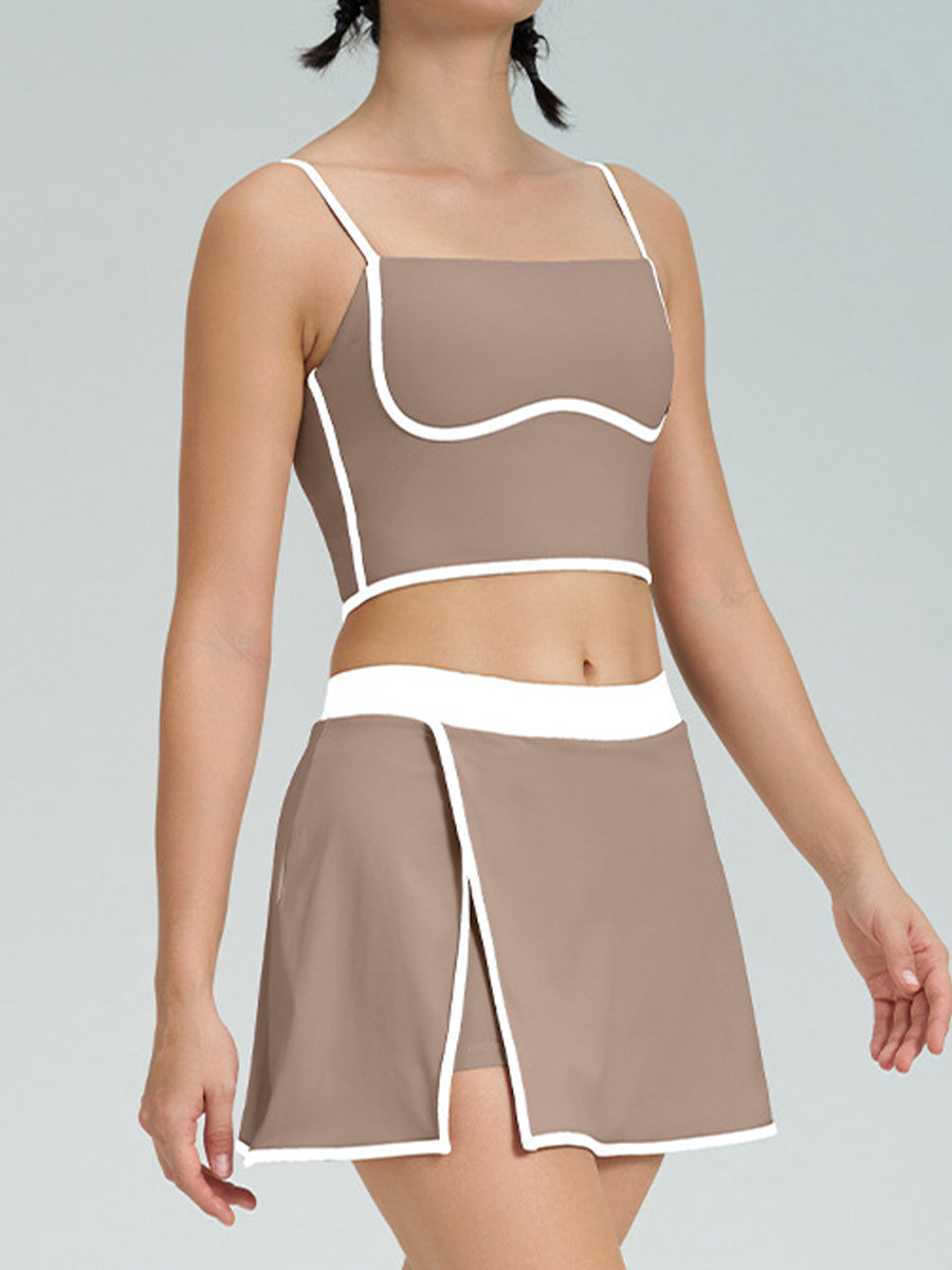 2pcs Sports Cami Sports Skirt Color Contrast Yoga Suit Workout Set Women Tennis Set