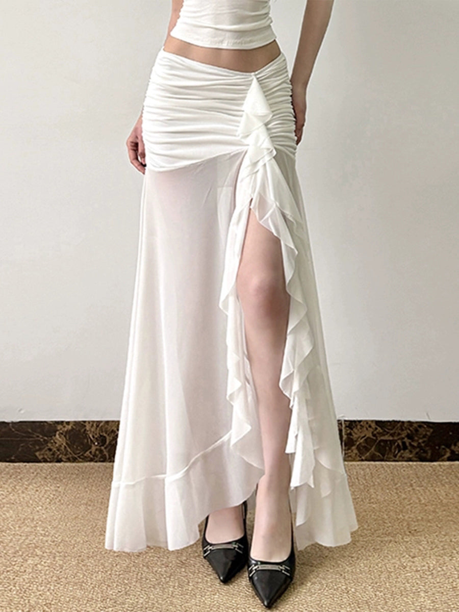Irregular Ruffle Flutter Mesh Midi Skirt