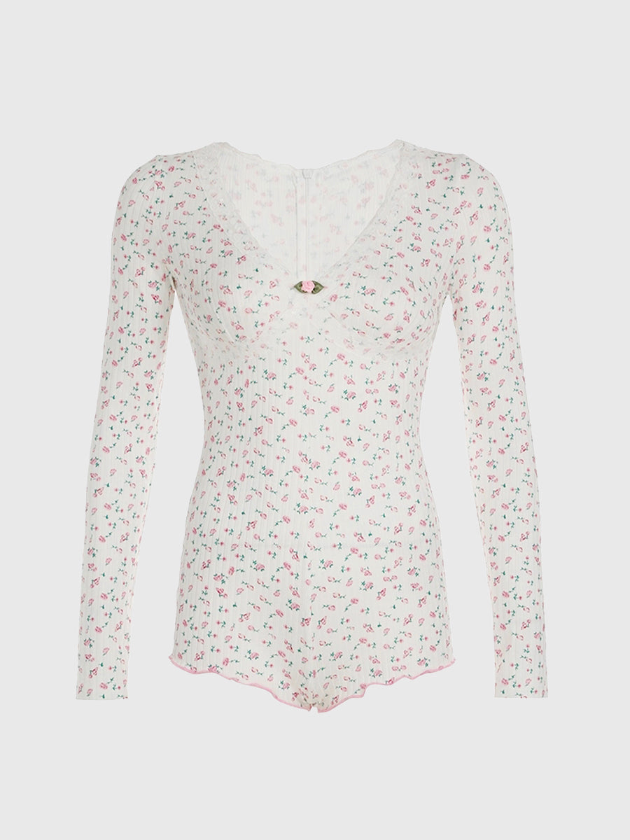 Lace Floral Print Halter/Long Sleeve Bodysuit
