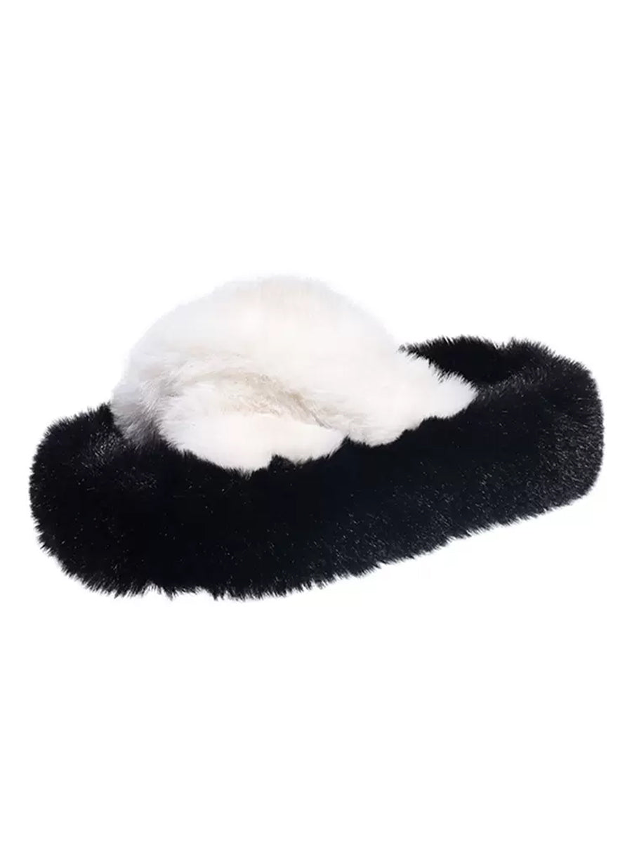 Criss Cross Straps Casual Indoors Slippers Fluffy Faux Fuzzy Fur Slides