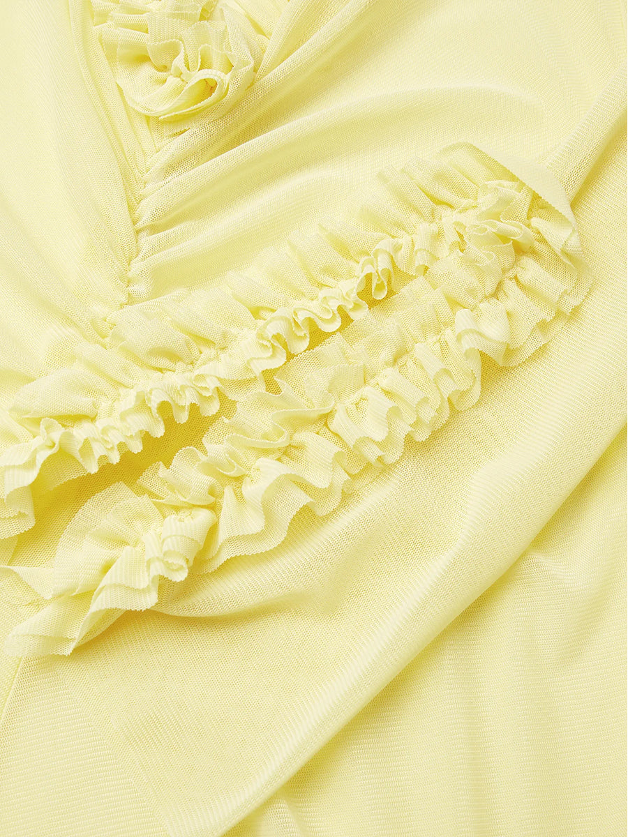 Solid Colored Knitted Hollow Out Long Chiffon Pleated Ruffle Hem Bodycon Dress